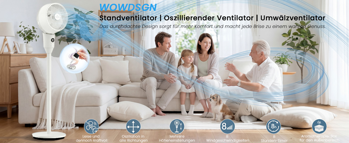 Вентилятор підлоговий WOWDSGN 22 дБ з 3D циркуляцією повітря, осциляція, таймер, аромафункція, регулювання висоти 48-113 см, 8 режимів, пульт ДУ, для спальні, офісу