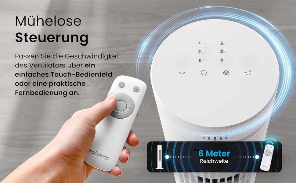 Турбовентилятор Pro Breeze з дистанційним керуванням, 76 см, осциляція 65°, таймер, 3 швидкості, тихий, для спальні та офісу, білий