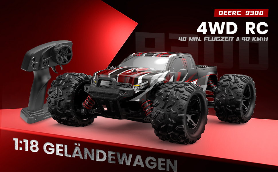 Радіокерований позашляховик DEERC 1:14 40 км/год, RC-трак 4x4 2.4 ГГц з LED фарами, іграшка-монстр-трак для хлопчиків, 2 акумулятори