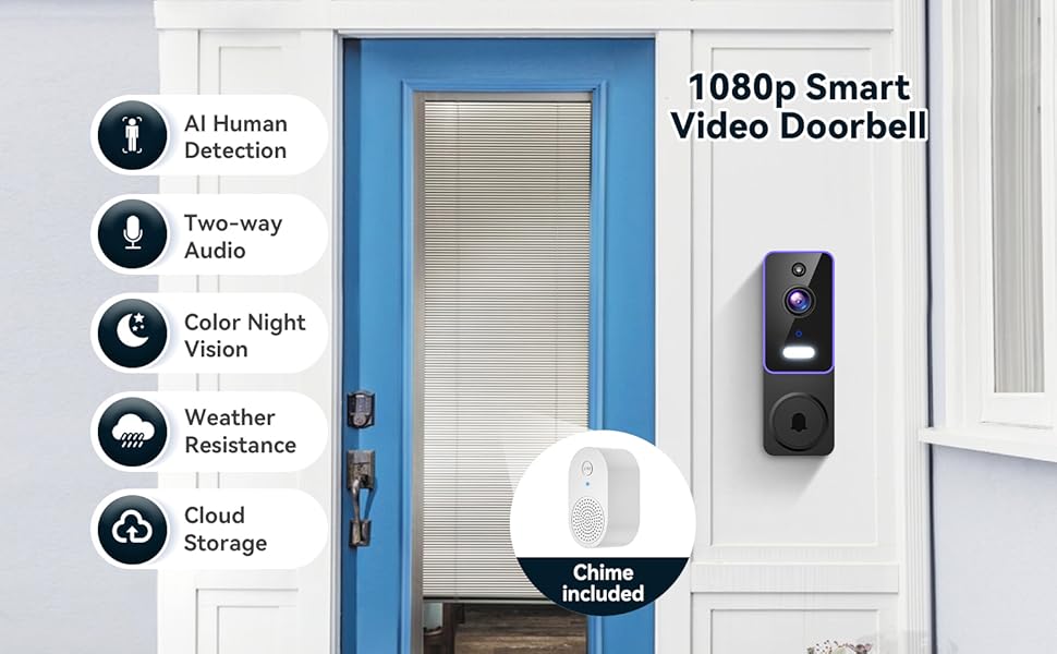 Blazique Smart Video Doorbell - Бездротова відеодзвінок з AI-розпізнаванням, 2.4G Wi-Fi, нічне бачення, двосторонній аудіо, хмарне сховище