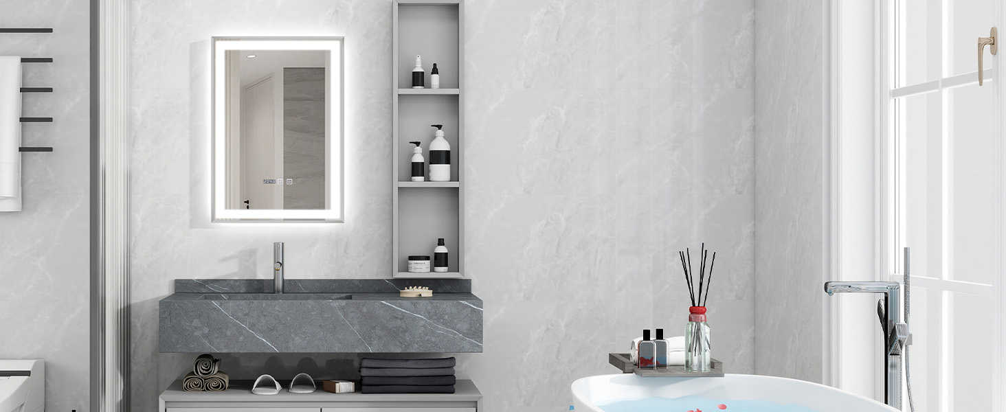 Дзеркало для ванної кімнати YOURLITE з підсвічуванням, 85x55 см, LED, сенсорне керування, 3 кольори світла, регулювання яскравості, антизапар, горизонтальне/вертикальне, IP44, білий (Silver-5070)