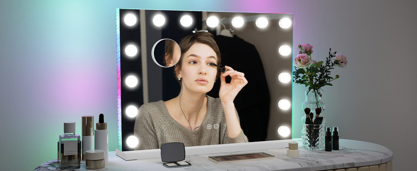 Дзеркало для макіяжу YU YUSING з підсвічуванням 58x45 см, 15 LED, 3 кольори, збільшення 10x, USB Type-C, RGB