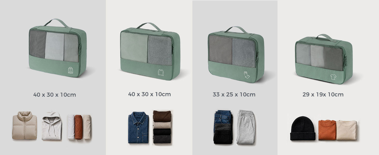Набір органайзерів для валізи та рюкзака Packing Cubes, 8 предметів, сіро-зелений — дорожній набір для пакування речей