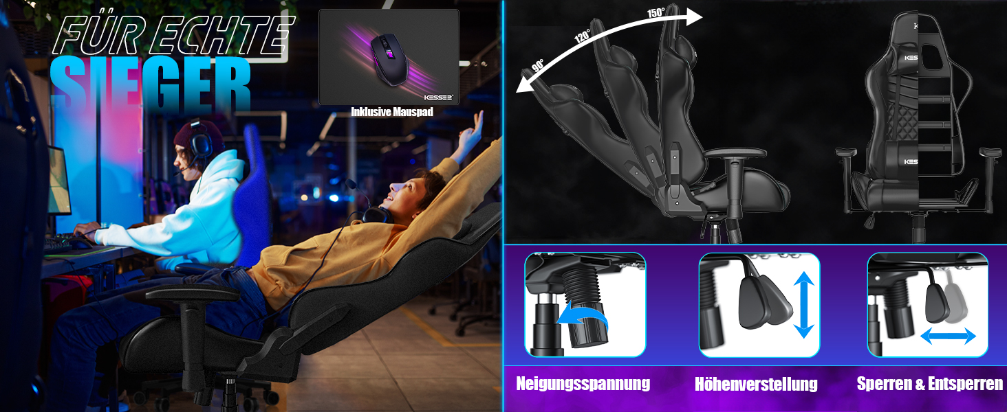 Крісло ігрове KESSER® Ergonomisch з підголівником та поперековою подушкою | Крісло для офісу, геймінгу | Макс. навантаження 150 кг | 360° | Чорний колір