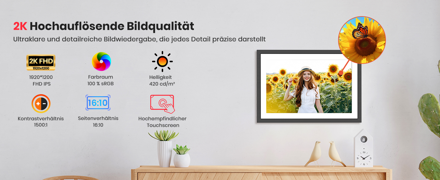 Цифровий фоторамка Frameo 10.1 дюймів: 64GB, 2K сенсорний екран, автоповорот, Frameo App