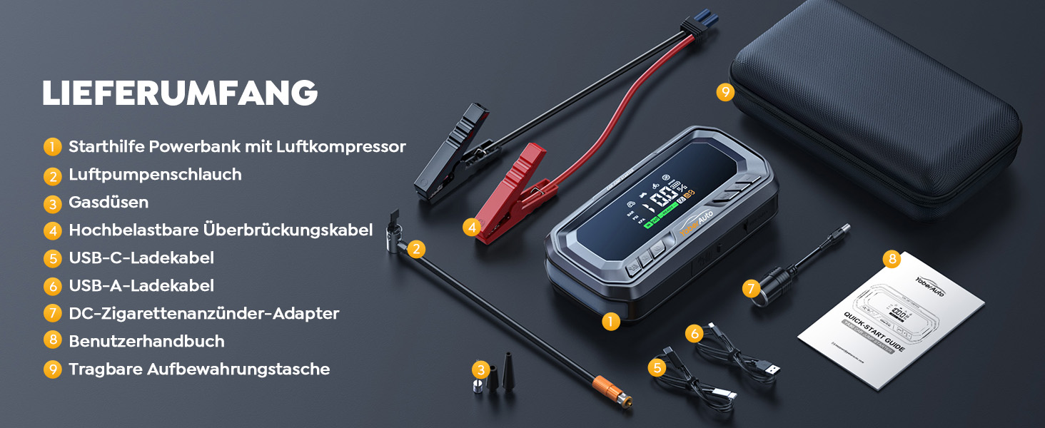 Бустерний пускач YaberAuto з компресором 160 PSI, 8000A Powerbank для авто (бензин та дизель до 12.0L), PD 65W, ліхтарик 600 лмен та LCD-дисплей