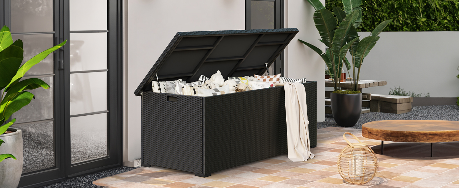 Скриня для подушок садових Polyrattan Amopatio 650л, водонепроникна, з газліфтом, чорна. Ящик для зберігання для саду та балкону