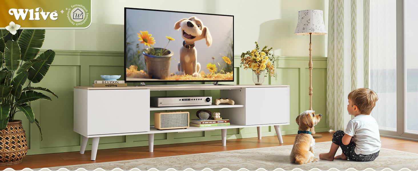 Тумба під телевізор WLIVE 160x40x47 см біла з двома дверцятами та відкритими полицями для вітальні, спальні, їдальні