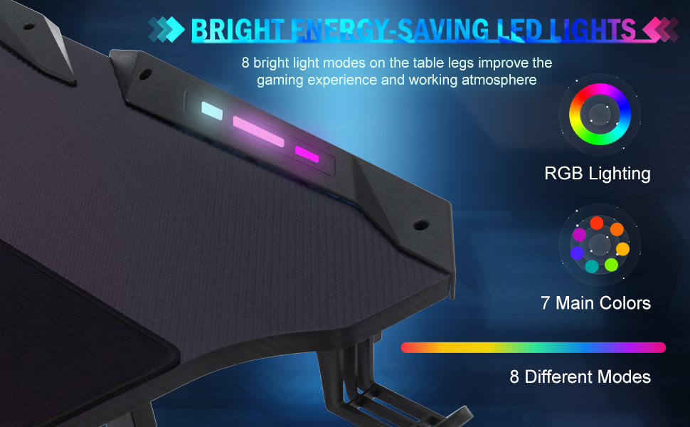 Ігровий стіл 120x60 см з LED Z-подрофкою, карбоновим покриттям, тримачем для напоїв та гачком для навушників. Стабільний та ергономічний стіл для геймерів та офісу.