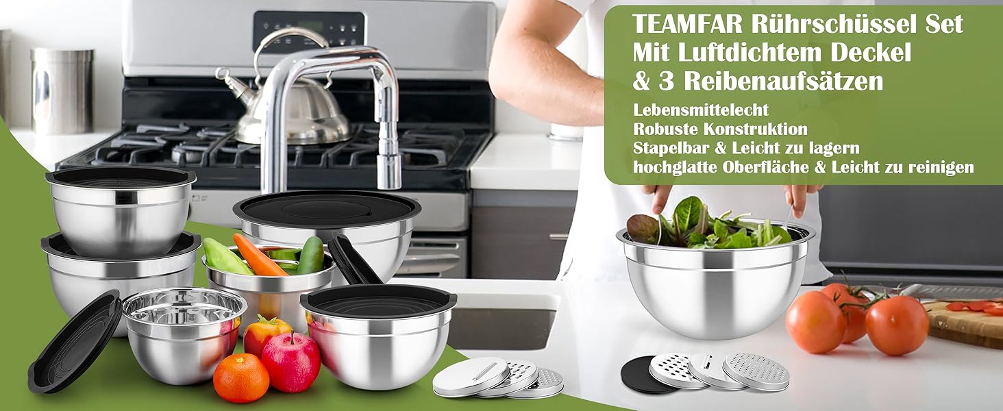 Набір салатниць TEAMFAR 6 шт. з нержавіючої сталі з кришками та силіконовими ніжками, 0,7L/1,5L/1,6L/2,5L/2,8L/4,6L, з терками, чорний