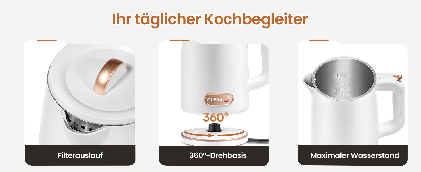 Електричний чайник OLEGA 1.8L, 1800W, з нержавіючої сталі, автоматичне відключення, захист від сухого кип'яття, білий