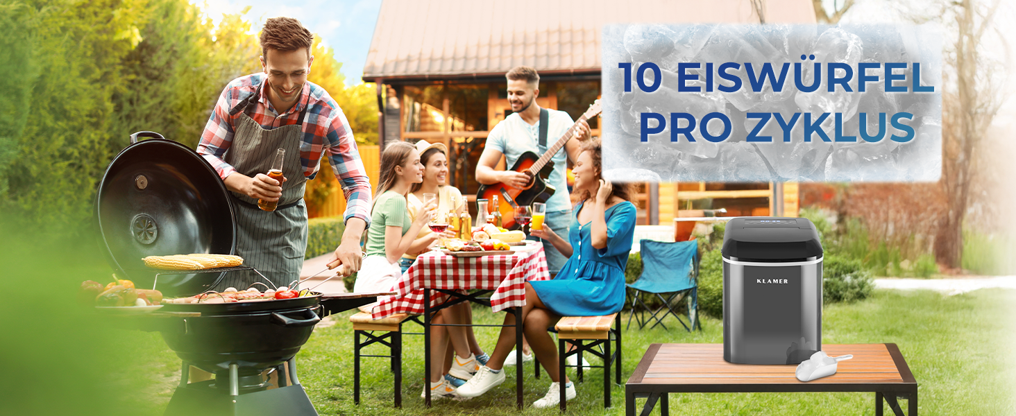 Льодогенератор KLAMER компактний з лопаткою, 2 розміри льоду, 10 кубиків за 7 хв, 15 кг/добу, тихий, з таймером, чорний 2.1л