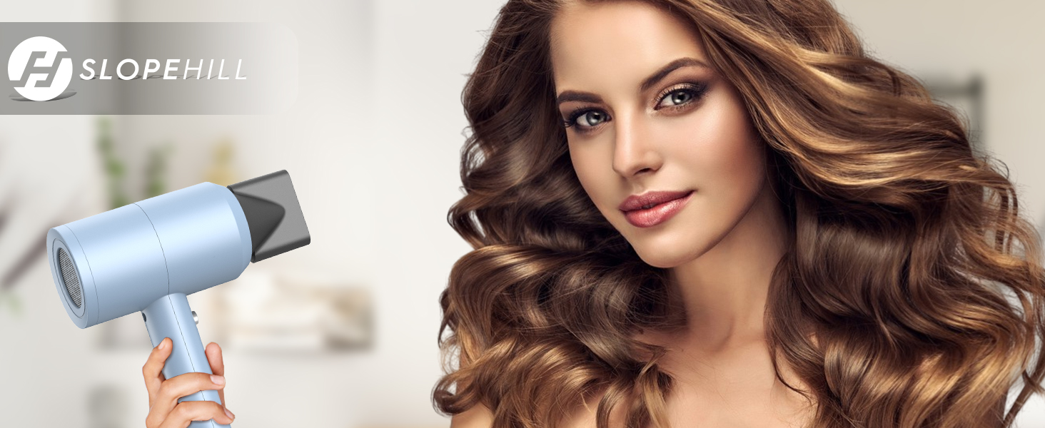 Іонний фен для волосся Slopehill 1800W для швидкого сушіння, професійний салонний фен з 3 насадками-концентраторами, дифузором, 3 режимами температури та 2 швидкостями (матовий синій)