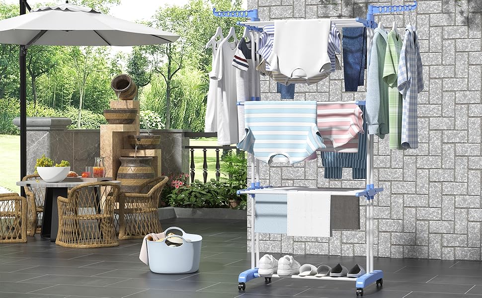 Вертикальна сушарка для білизни SIMPDIY з 6 складаними крилами та колесами, підлогова баштова сушарка для одягу для дому та вулиці, синя