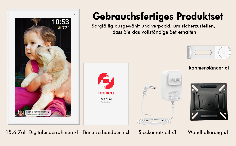 Цифровий фоторамка FRAMEO з Wi-Fi, 32 ГБ, 10,1 дюйма, IPS LCD, сенсорний екран, Smart Cloud, автоматичне обертання, підключення до Frameo App (15,6 дюйми, білий)