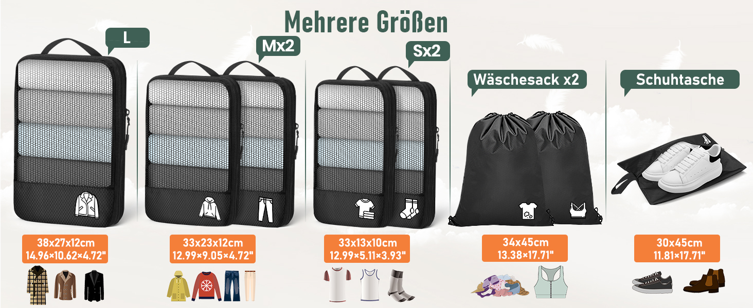 Набір компресійних органайзерів для одягу в подорожі, 8 предметів, дорожні сумки-пакувальники для валізи та рюкзака, чорні