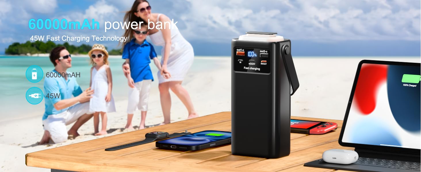 Портативний зарядний акумулятор 60000mAh 45W з LED-дисплеєм та ліхтариком, 7 виходів, чорний. Powerbank для кемпінгу та подорожей