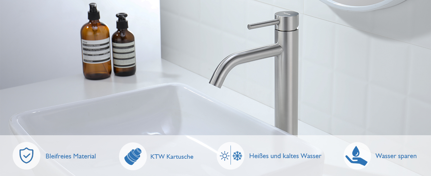 Змішувач для умивальника Decaura, хром, нержавіюча сталь, однорідний, висота виливу 250 мм, для накладної раковини