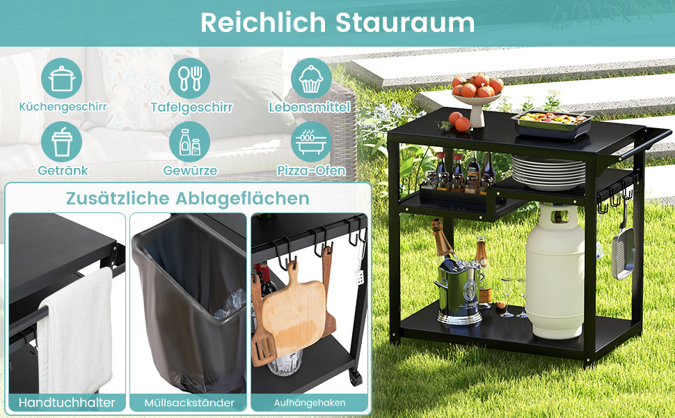 Столик для гриля COSTWAY з 4 полицями та колесами, 85 x 50,5 x 93 см