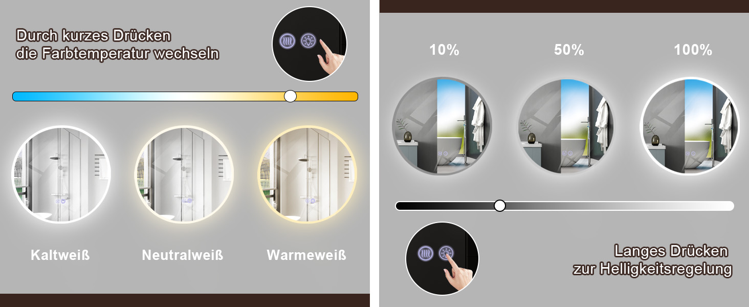 Дзеркало для ванної кімнати кругле LED з підсвічуванням 60 см, IP44. Кругле дзеркало з LED підсвічуванням для ванної кімнати, сенсорне керування, 60x60 см