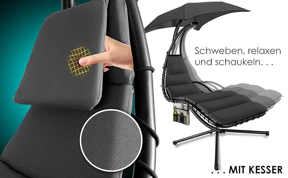 Кесер® Плетене крісло-гойдалка з сонцезахисним козирком, 194x100 см, до 120 кг, з подушкою для шиї та сумкою, антрацит