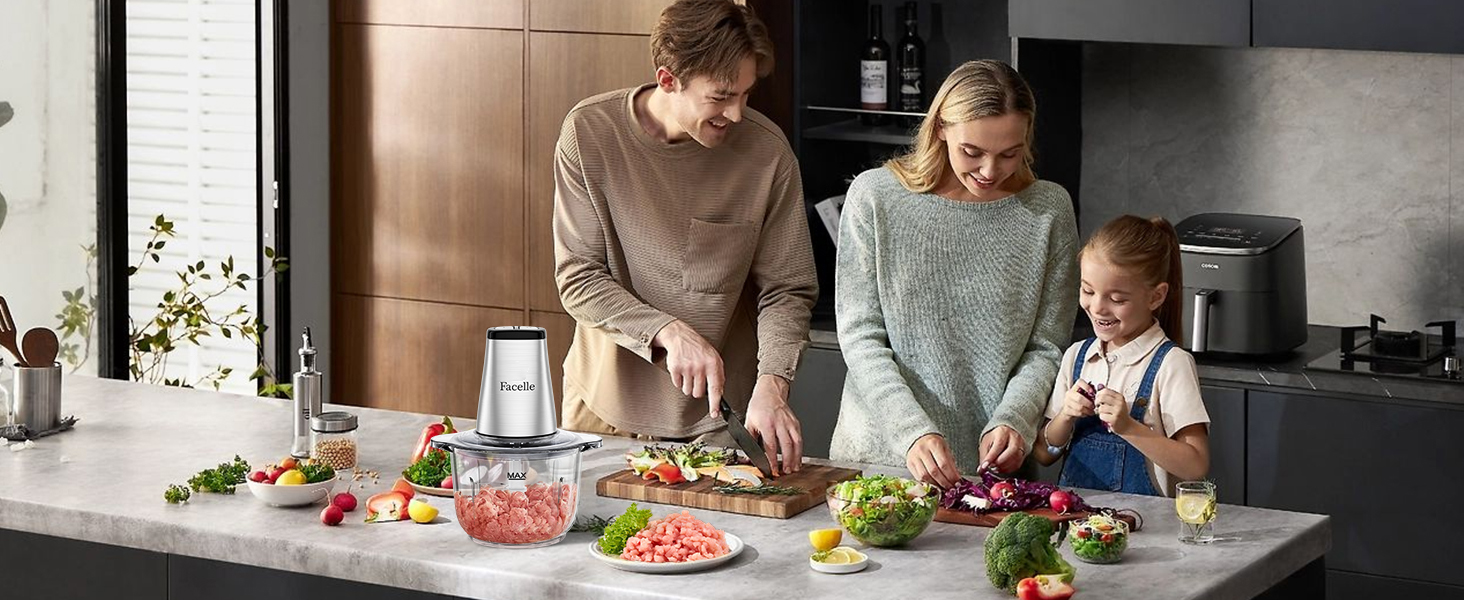 Електричний подрібнювач для кухні Facelle: м'ясорубка, подрібнювач 2L, кухонний комбайн 500W зі скляною чашею та 4 лезами для м'яса, овочів, фруктів, горіхів, дитячого харчування