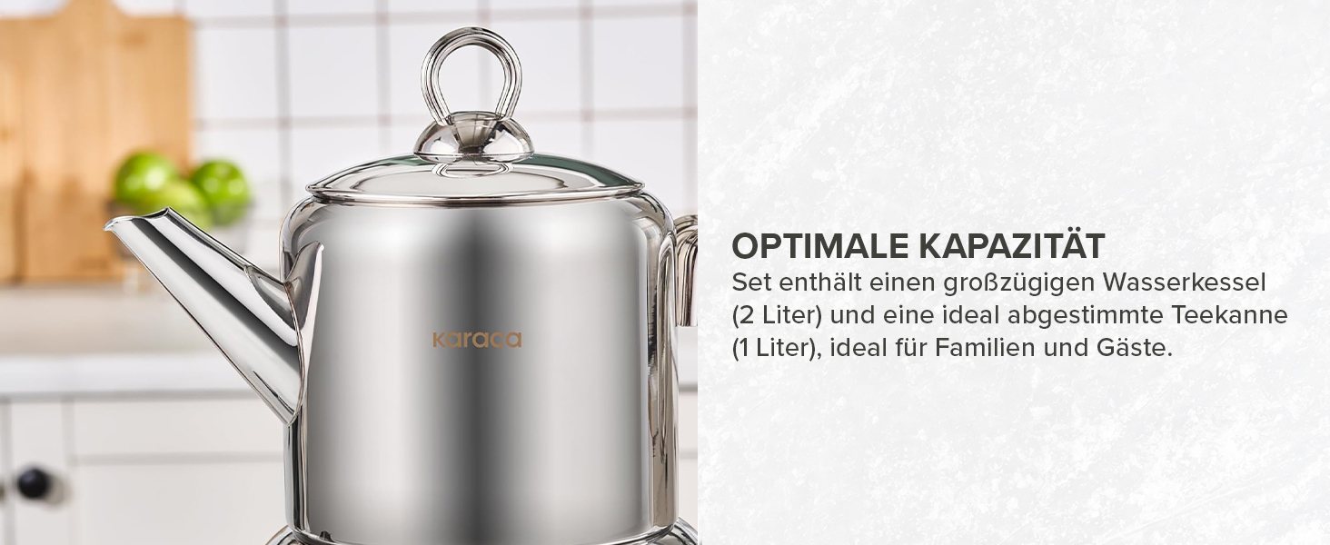 Набір для заварювання чаю Karaca New Mira: турка, чайник 1л, чайник 2л з нержавіючої сталі, сумісний з індукцією, миється в посудомийній машині