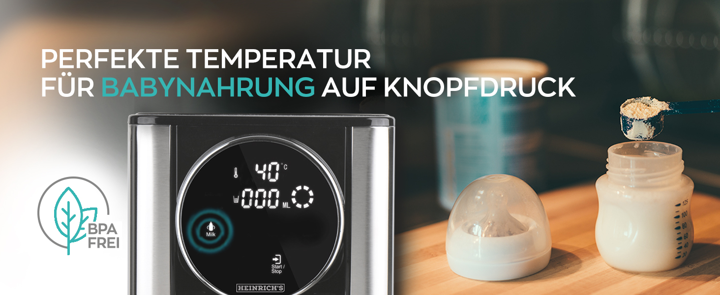 Диспенсер гарячої води Heinrich - гаряча вода за секунду, 40°-100°C, об'єм 100-400 мл, для дитячого харчування, з функцією очищення та фільтром, сенсорний дисплей, 2.7 л