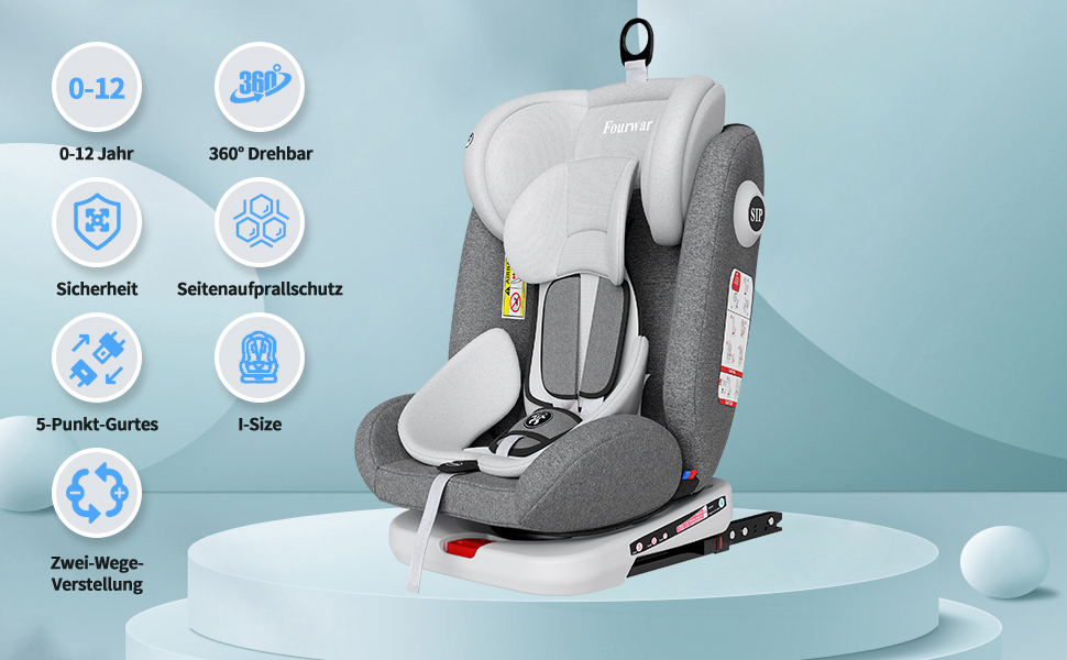 Автокрісло Fourward Baby 360° - ISOFIX, 9-36 кг, Група 0+1/2/3, 5-точкові ремені, сірий колір