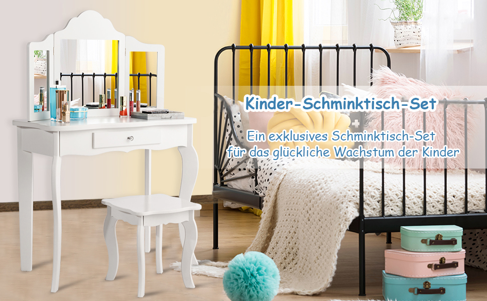 Детский туалетный столик COSTWAY 2-в-1 с LED-подсветкой, зеркалом и ящиками, для девочек (белый)