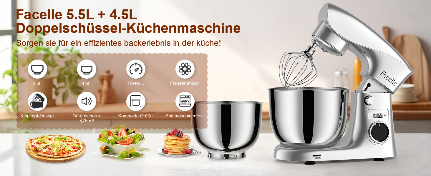 Кухонна машина-міксер Facelle 1500W з 5.5L та 4.5L чашами, 10+ програм, тиха робота, срібна