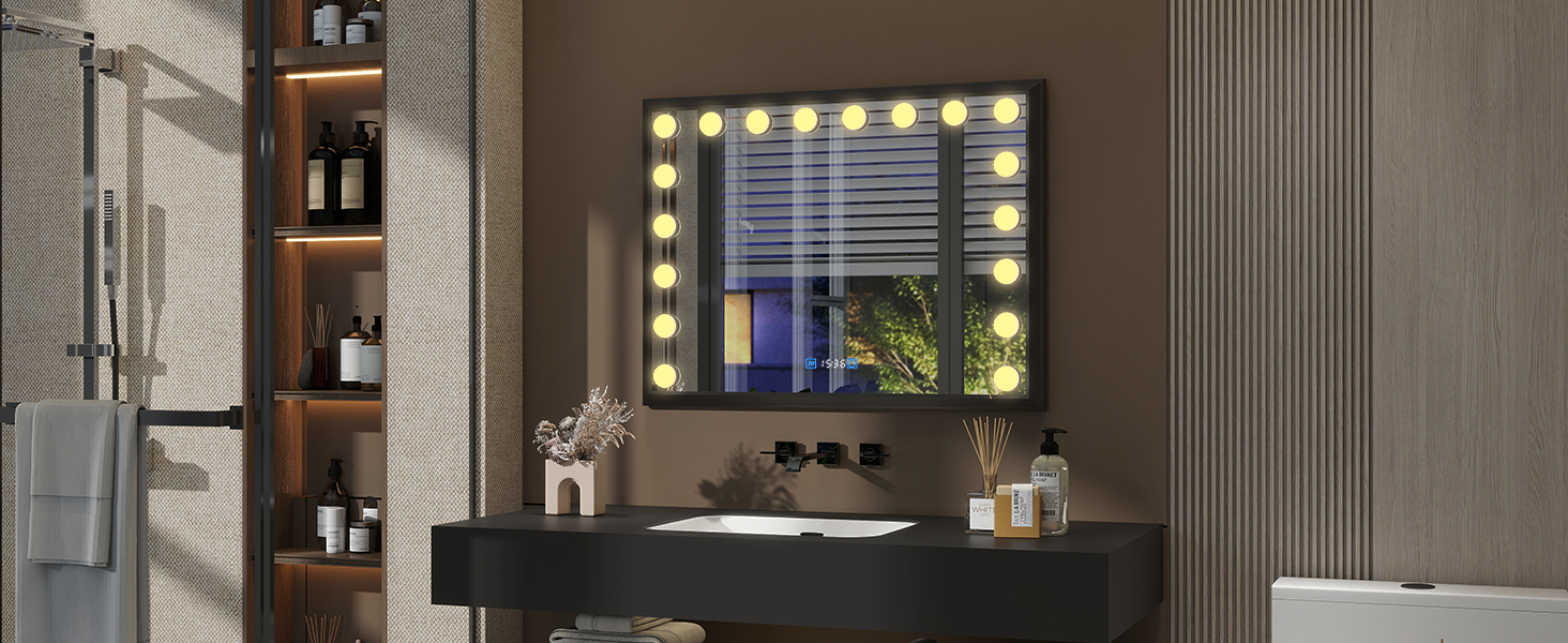 Дзеркало для ванної кімнати YOURLITE з LED-підсвічуванням 100x60 см, сенсорне управління, годинник, антизапотівання, 3 кольори світла, регулювання яскравості, функція пам'яті, білий/чорний