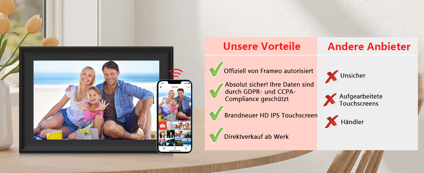 FRAMEO Цифровий фоторámеn 15.6 дюймів WiFi, IPS, FHD 1920x1080, 32GB, сенсорний екран, автоповорот, для стін, фото/відео через додаток FRAMEO