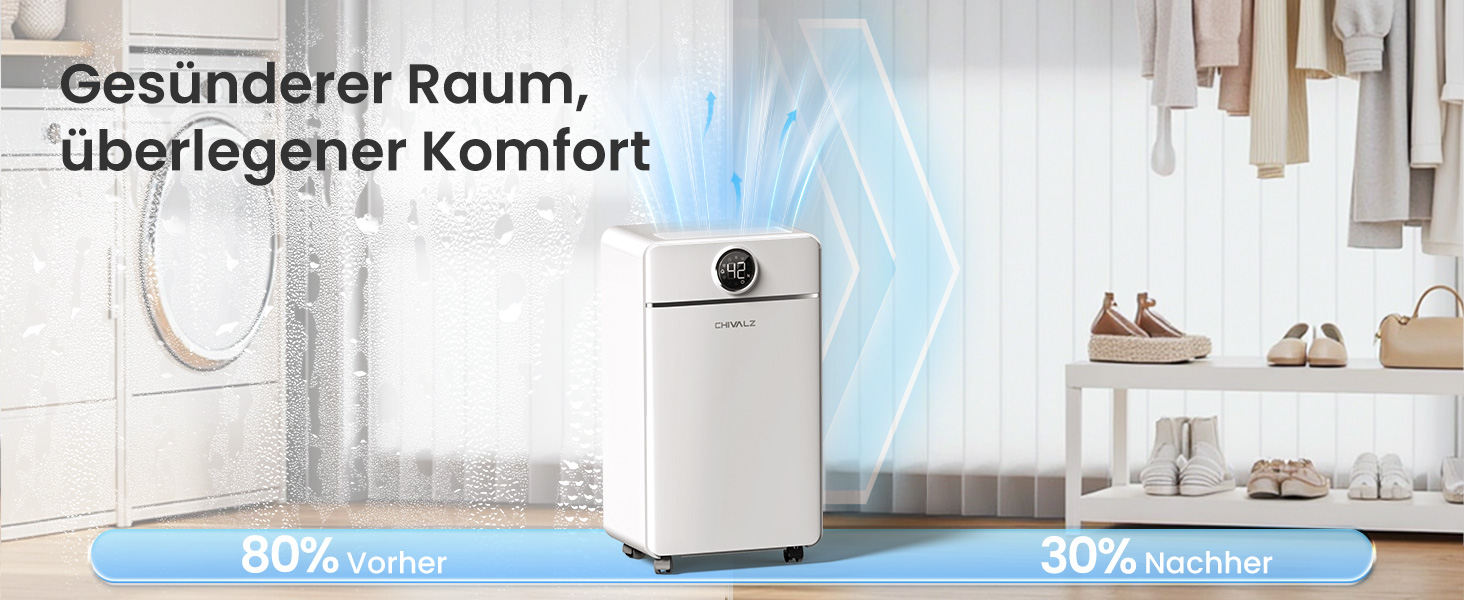 Електричний осушувач повітря CHIVALZ 12л/24г для приміщень до 120м³ (30м²), 3 режими роботи, таймер 24г, автоматична відтавлювання (білий)