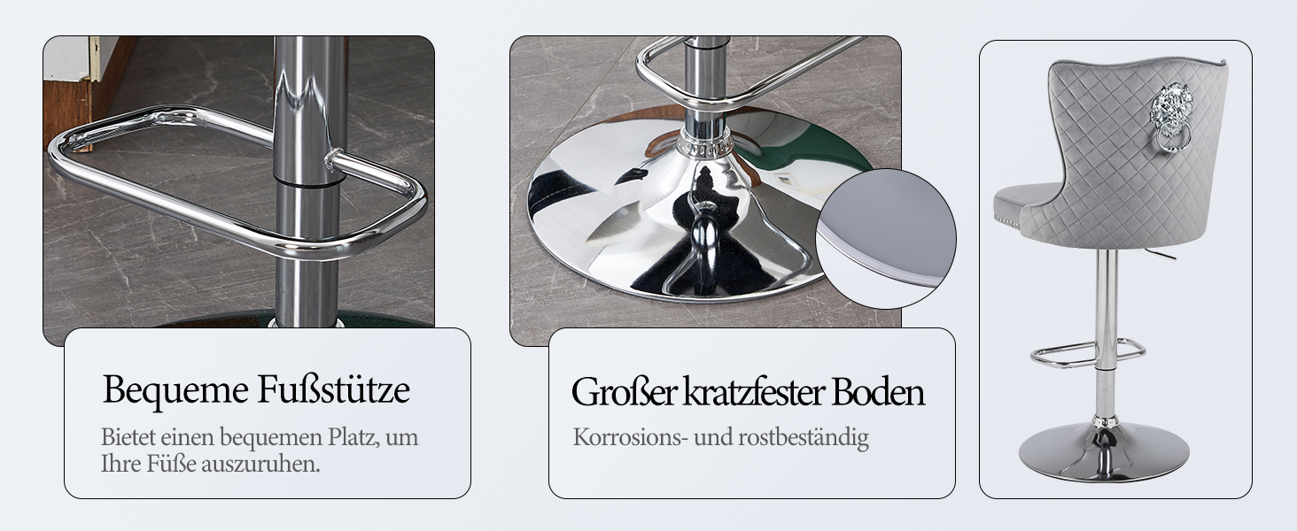 Набір з 2 барних стільців Samt - сучасні стільці для бару з високою спинкою, оббивка велюром, регульована висота, сірий