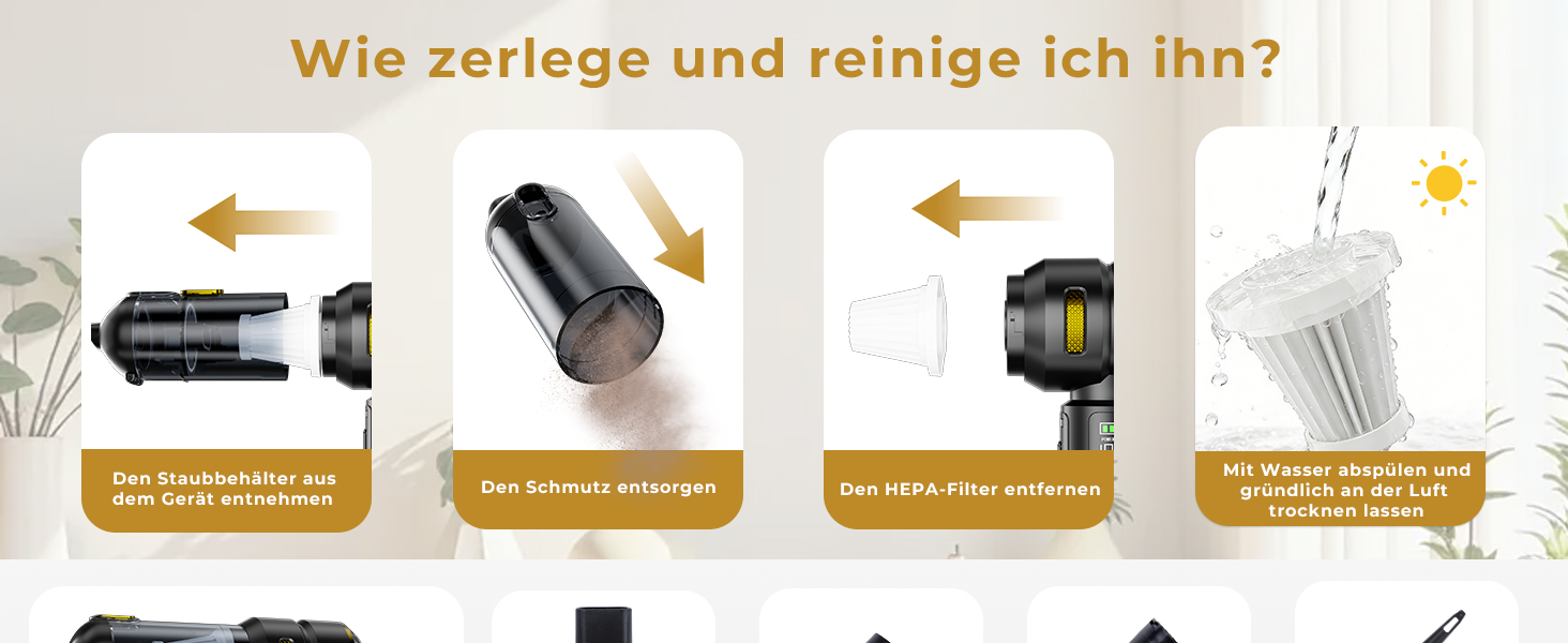 Акумуляторний ручний пилосос HOVIN для авто та дому, потужність 24000 Па, 3 режими роботи, бездротовий, чорно-золотий