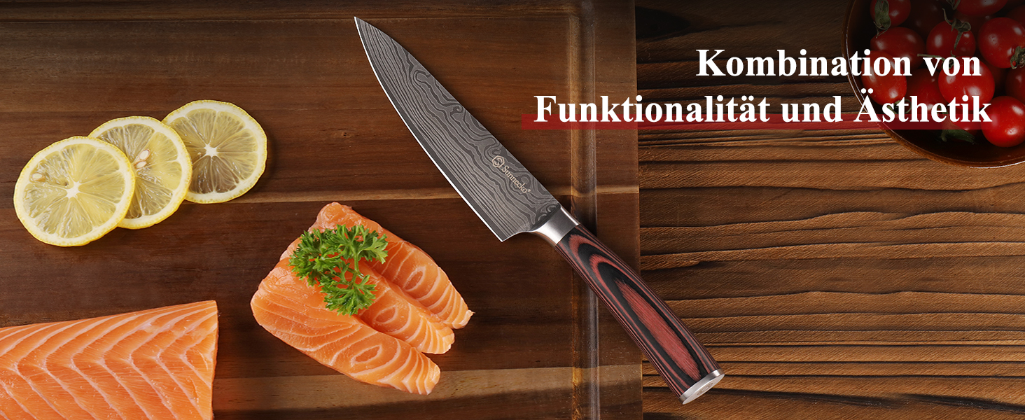 Ніж кухарський Sunnecko 20 см з нержавіючої сталі з ручкою Pakkaholz. Професійний ніж для кухні, універсальний, з подарунковою коробкою.