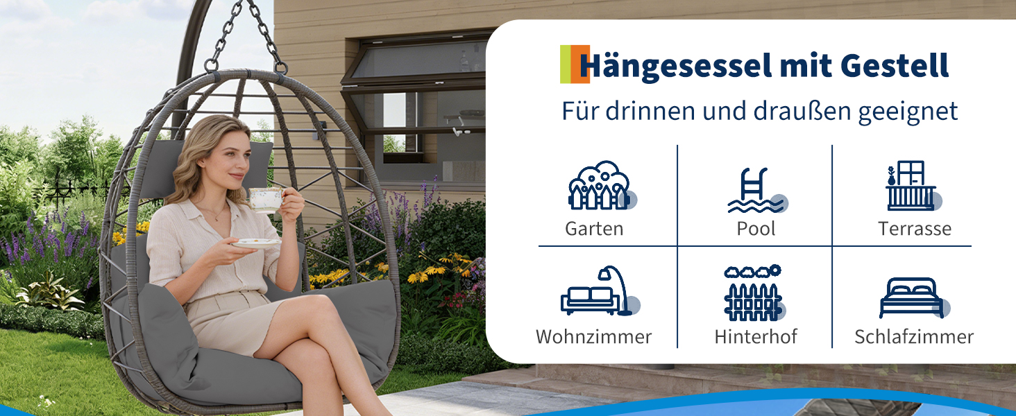 Підвісне крісло-гойдалка з металевим каркасом, ротанг, 150 кг, для саду, тераси, балкону, сіре