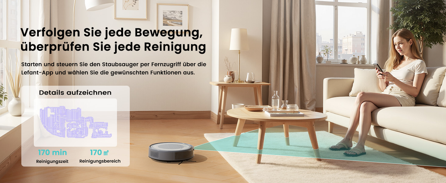 Робот-пилосос LEFANT M310 Ultra з вологою тканиною, лазерною навігацією ToF, потужністю 6000Pa, 7.9 см заввишки, розпізнавання килима, ідеальний для шерсті тварин та твердих підлог, керування через додаток/Alexa, сірий колір