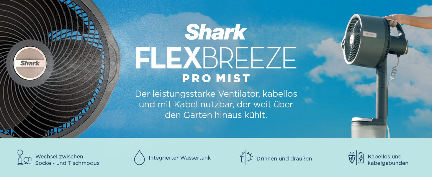 Портативний освіжувач повітря Shark Flexbreeze ProMist з функцією бризгу, безшумний, для дому та вулиці, легкий, потік повітря до 20 м, з вугільним фільтром FA050EU