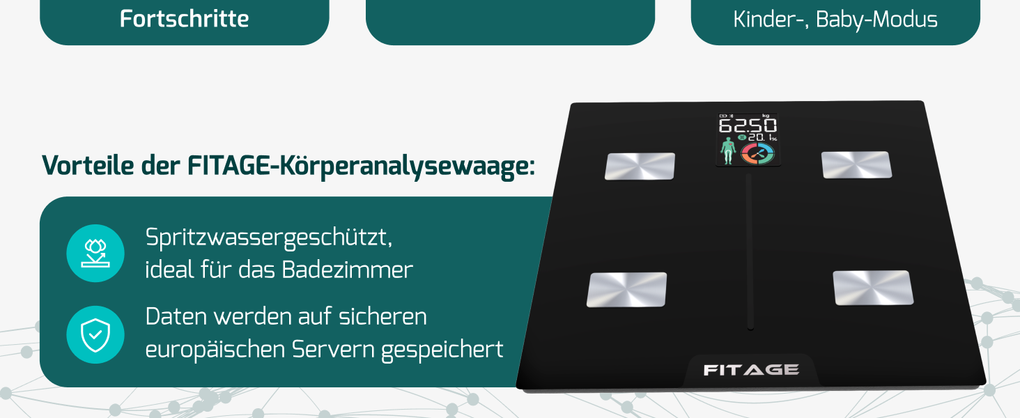 Цифрові ваги для ванної кімнати Fitage, переможець тесту 2024 року, шкала жиру в організмі, 17 виміряних значень, додаток, до 180 кг