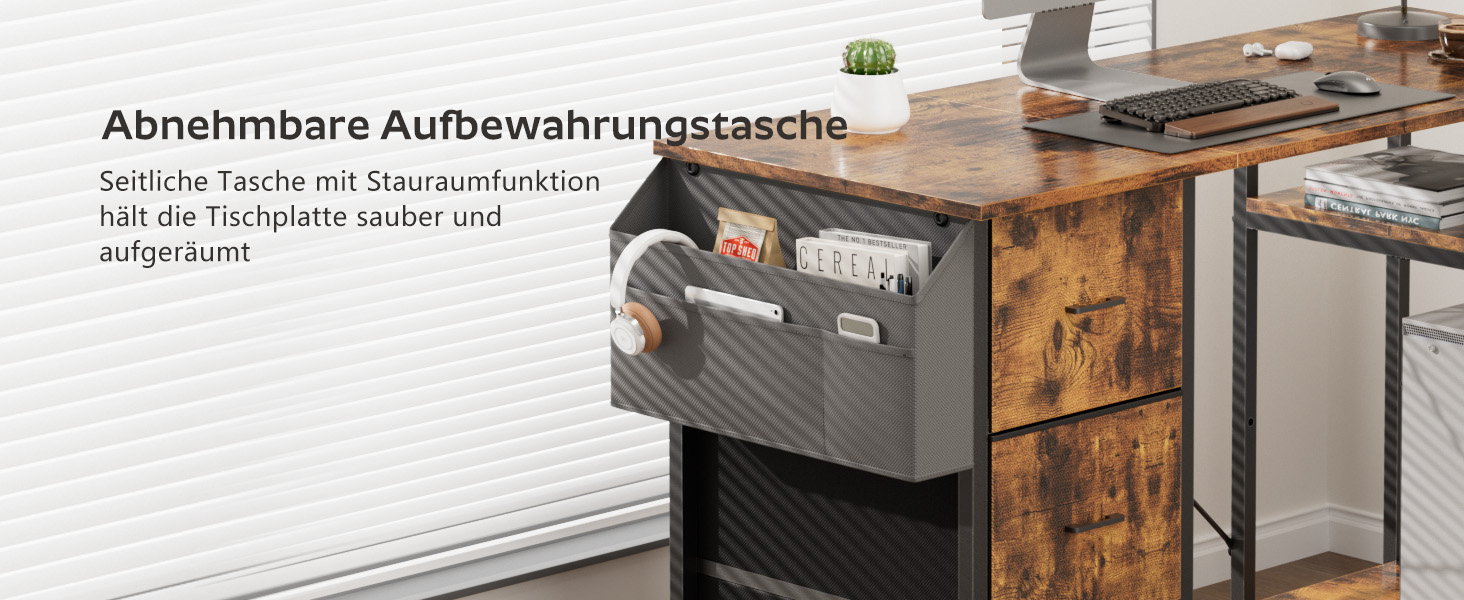 Комп'ютерний стіл HLONONE L-подібний з 3 висувними ящиками для тканини, з полицями та бічною кишенею, для офісу, геймінгу та дому, білий (140 x 80 см, коричневий)