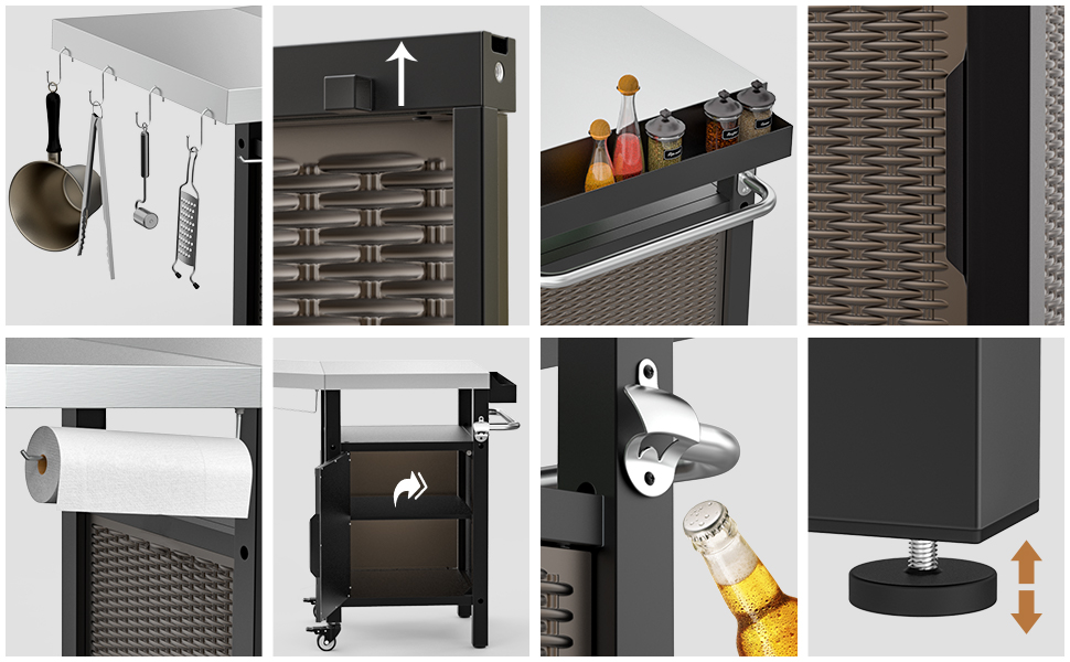 Столик для гриля Onlyfire, візок для барбекю з великою робочою поверхнею, з відкидними бічними полицями, з нержавіючої сталі, 143.5 x 56 x 91 см, двостулковий