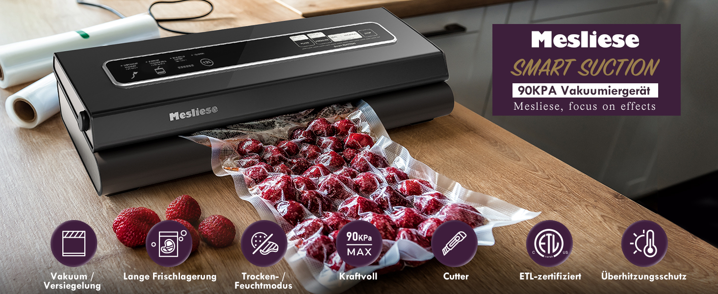 Вакууматор для продуктів Mesliese 6-в-1, потужність 90 кПа, компактний вакуумний пакувальник з різаком, режимами для сухих та вологих продуктів, набором пакетів (Темно-сірий)