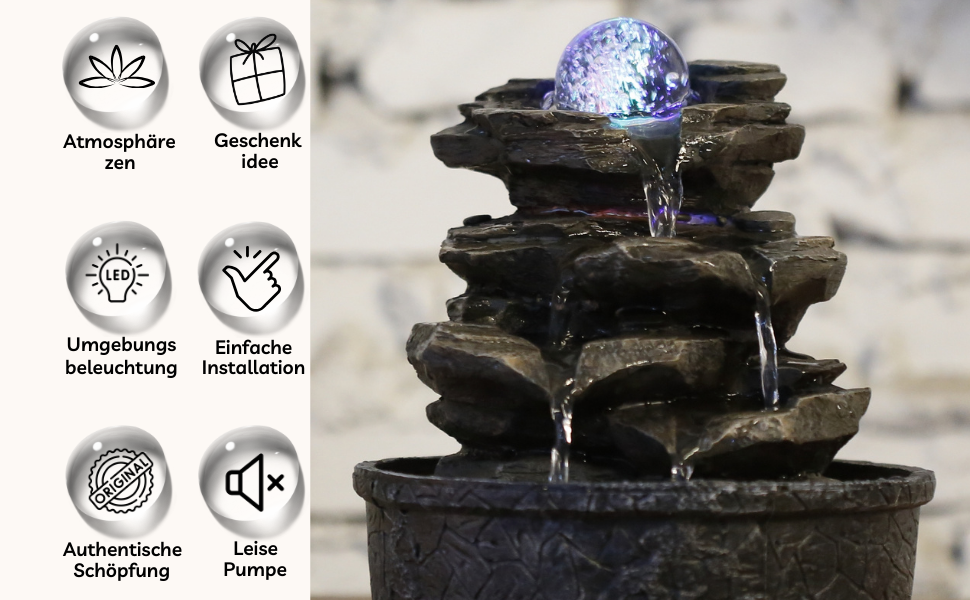 Фонтан Zen'Light Zimmerbrunnen Little Rock: Природний водоспад з ефектом каменів та LED-підсвіткою для дому, медитації та релаксації. Feng Shui, 23 см