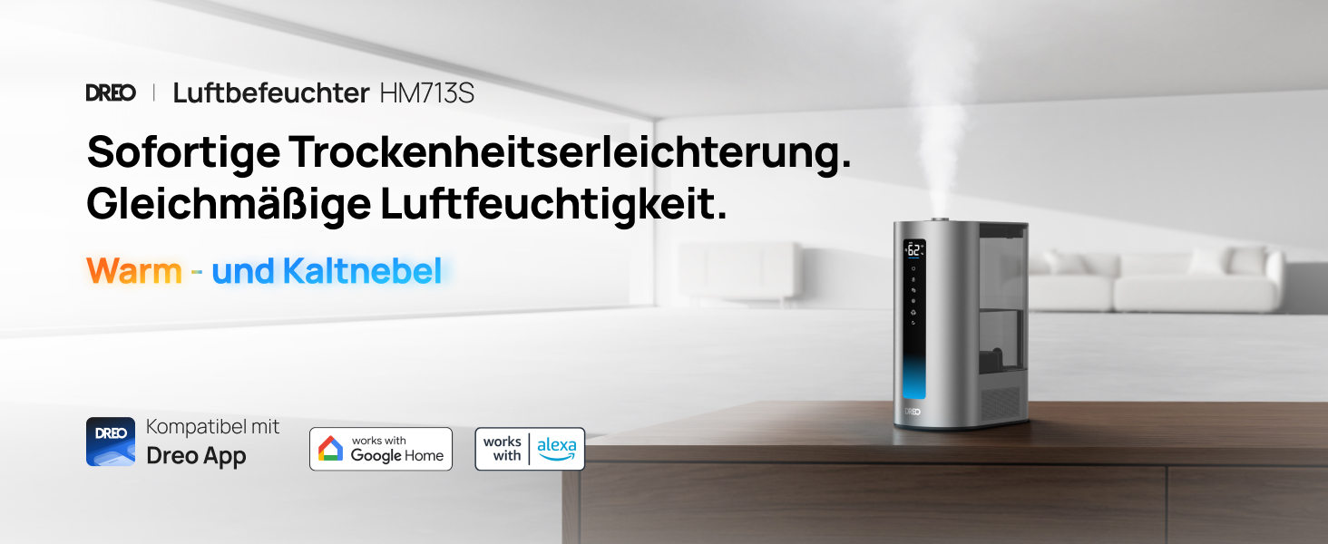 Зволожувач повітря Dreo 6 л для спальні, розумний зволожувач повітря для великої кімнати, теплий і прохолодний туман, рослини, дитина, верхнє заповнення, 60 годин роботи, тихий, точний датчик, світловий індикатор, таймер, Google/Alexa, HM713S