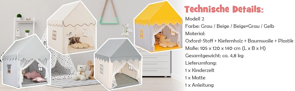 Дитячий намет DREAMADE з м'якою дахом та вікнами, дерев'яний каркас, ігровий будиночок, намет Тіпі для хлопчиків та дівчаток (сірий)