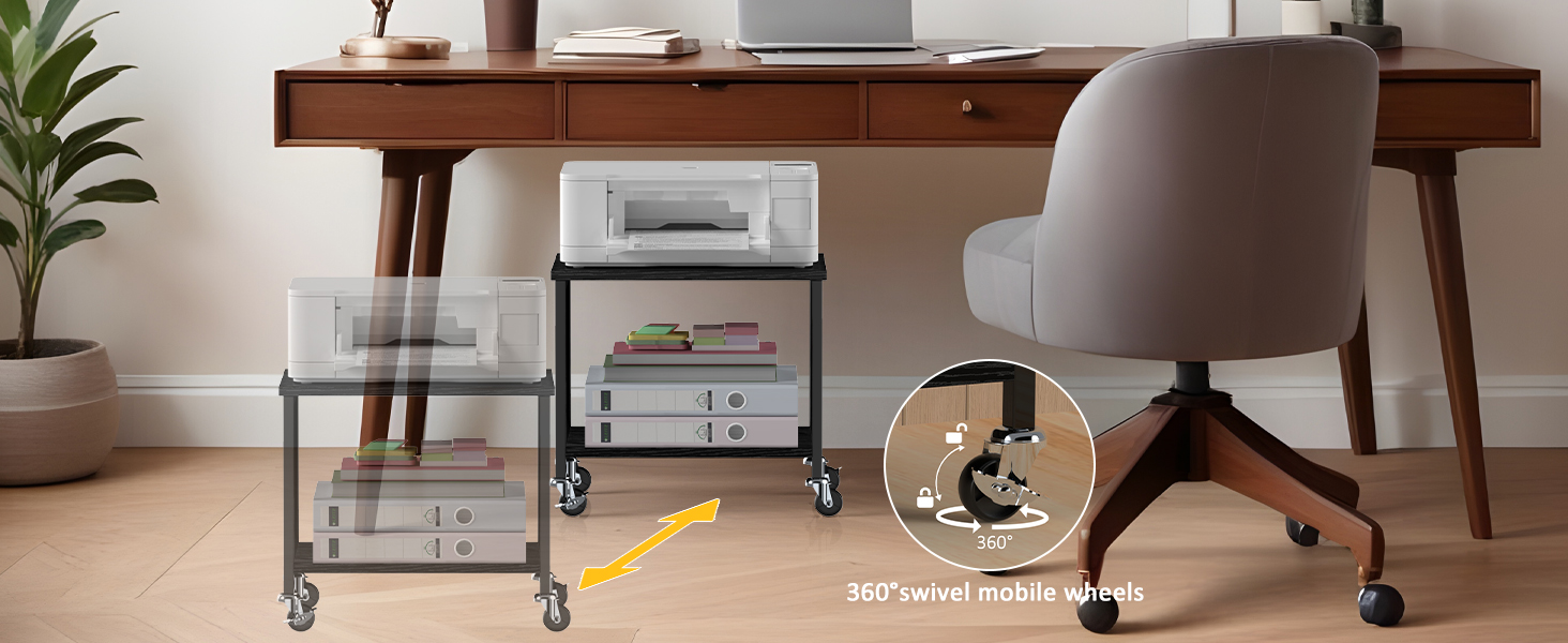 Двоярусний стіл для принтера з роликами, 30x42x37 см, дерев'яний та металевий, мобільний, для офісу та вітальні, чорний