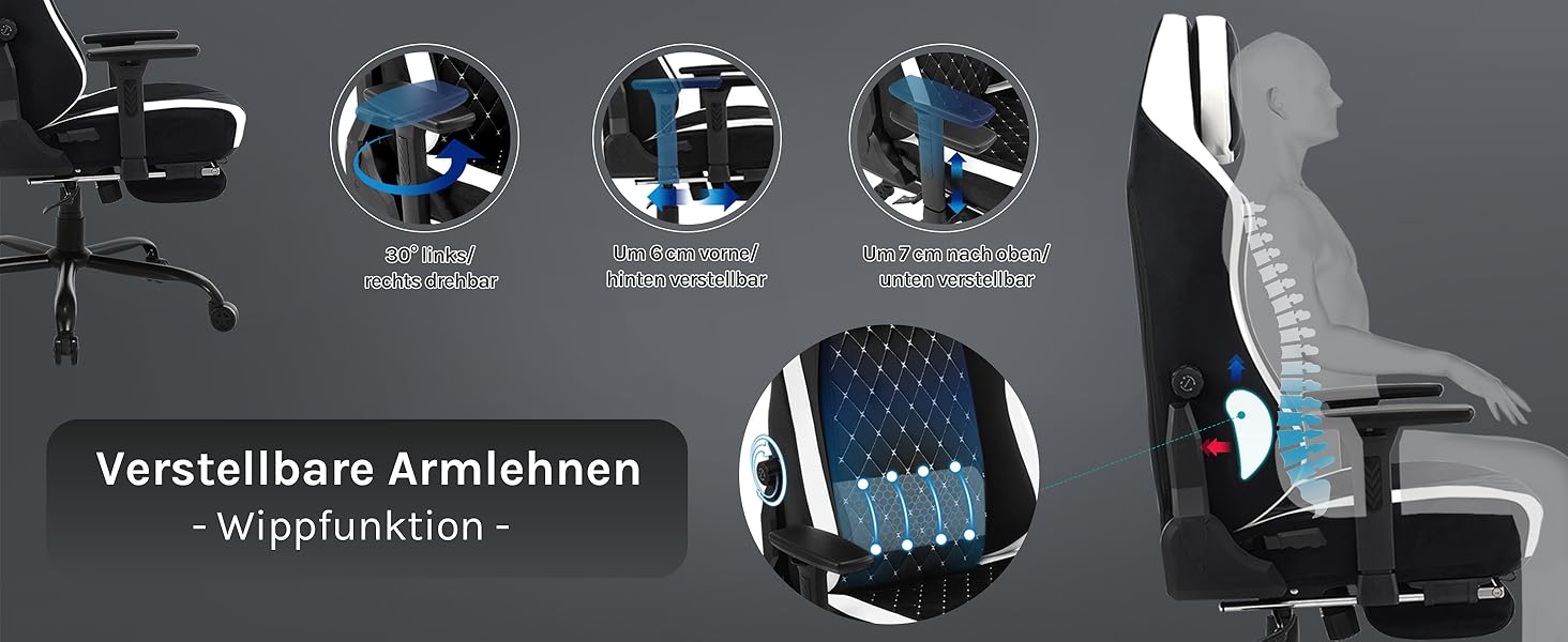 Ігровий крісло WOLTU, ергономічний офісний стілець з інтегрованим м'яким наповнювачем, адаптивною підтримкою попереку, підставкою для ніг та регульованими підлокітниками, металевий каркас