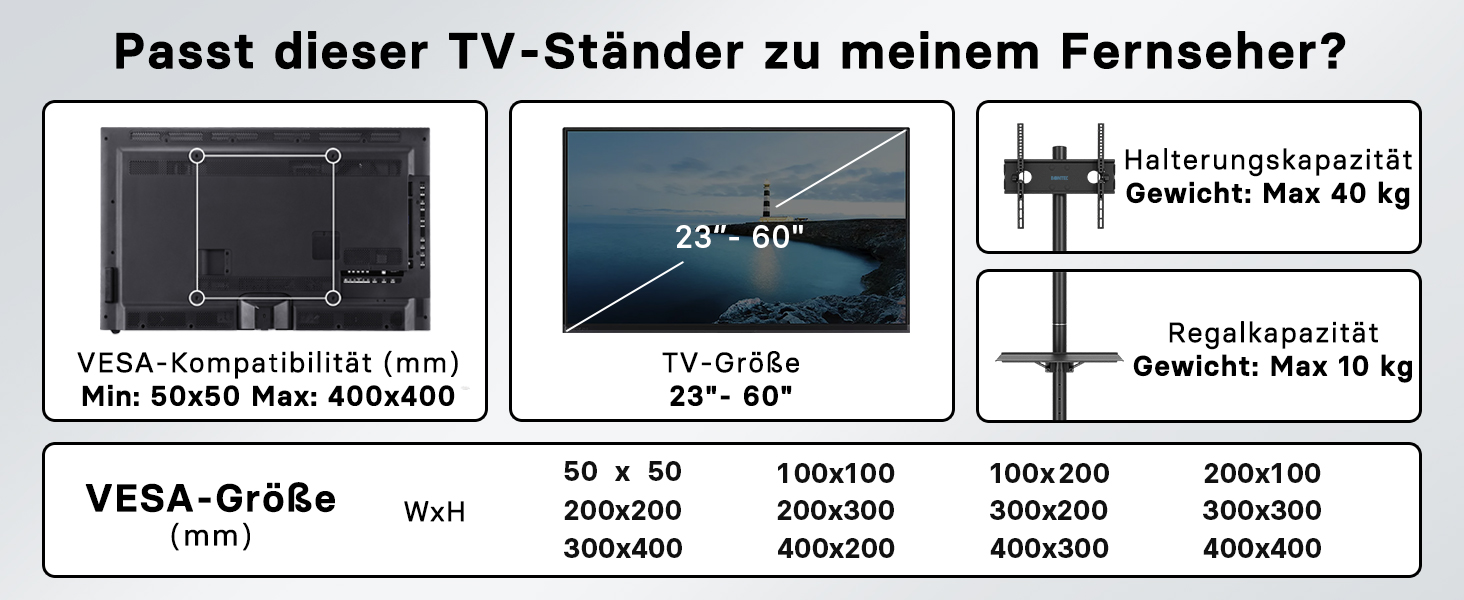Мобільна тумба під телевізор BONTEC 23-60 дюймів, регулюється по висоті, до 40 кг, макс. VESA 400x400 мм, чорний